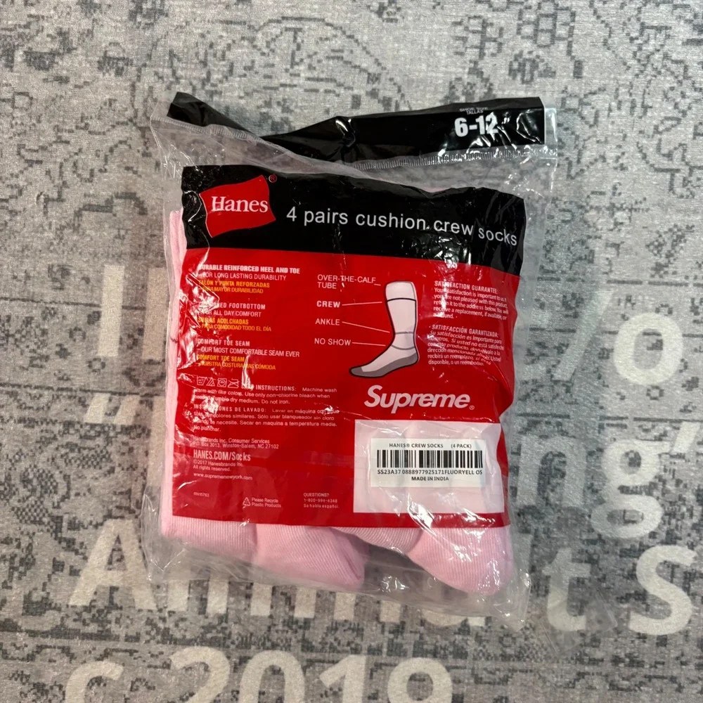 Supreme Hanes Cushion Crew Socks 4 Pack Pink Mens Shoe Size 6-12 NWT SS23A37